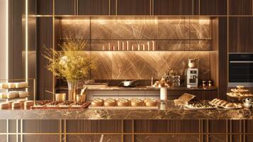AI generated a bakery on a long table against a modern kitchen background, adorned with gold and brown colors to evoke luxury, offering ample copy space. photo