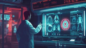 AI generated perspective vision and artificial intelligence in healthcare, showcasing the analysis of X-rays or diagnosis of diseases with unprecedented accuracy. photo