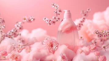 AI generated fragrant pink clouds and floral patterns emerging from freshly laundered items, illustrating the unique floral scent of laundry detergent gel. photo