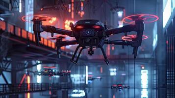 AI generated a cutting-edge cyber security system in action, with drones patrolling the perimeter of a secure facility, showcasing advanced surveillance and threat detection capabilities. photo