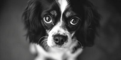 AI generated Spaniel portrait, black and white photo