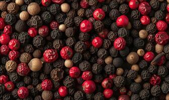 AI generated Black, red and white peppercorns on a black background. Top view with copy space photo