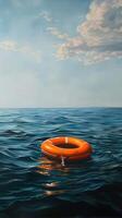 AI generated safety and hope amidst the vastness of the open sea with an orange lifebuoy floating serenely, symbolizing protection and optimism under the expansive sky. photo