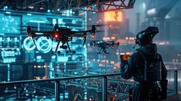 AI generated a cutting-edge cyber security system in action, with drones patrolling the perimeter of a secure facility, showcasing advanced surveillance and threat detection capabilities. photo