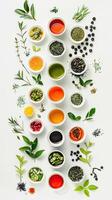 AI generated cups of various teas including green, black, fruit, and herbal tea on a white background, inviting viewers to indulge in a sensory journey of tea exploration. photo