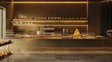 AI generated a bakery on a long table against a modern kitchen background, adorned with gold and brown colors to evoke luxury, offering ample copy space. photo