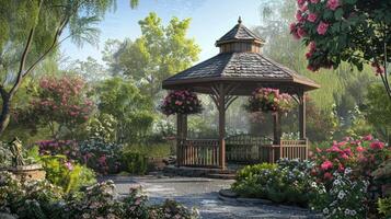 AI generated a garden gazebo nestled amidst blooming roses, evoking a sense of peace and tranquility in the enchanting springtime setting. photo