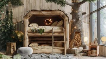 AI generated a natural wood log hut-shaped bunk bed with stairs, nestled in a cozy cabin setting, evoking the essence of rustic charm and adventure. photo