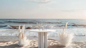 AI generated a white marble table set up for a mockup against the backdrop of a romantic beach wedding reception, featuring soft sand, gentle waves, and dreamy coastal decor. photo