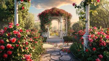 AI generated a garden gazebo nestled amidst blooming roses, evoking a sense of peace and tranquility in the enchanting springtime setting. photo