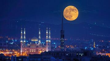 AI generated the full moon illuminating the night sky during the holy month of Ramadan, evoking a sense of serenity and spirituality amidst the peaceful darkness. photo