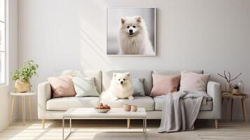 ai generado un americano esquimal perro descansando en un blanco sofá en un moderno vivo habitación, con suave colores dominante el paleta, creando un sereno y contemporáneo ambiente foto