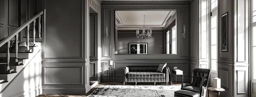 AI generated a grey interior adorned with intricate mouldings, exuding an aura of classic elegance and sophistication. photo