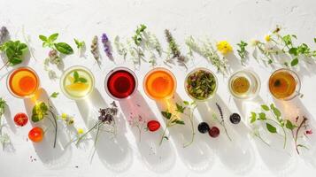 AI generated cups of various teas including green, black, fruit, and herbal tea on a white background, inviting viewers to indulge in a sensory journey of tea exploration. photo