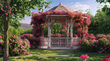 AI generated a garden gazebo nestled amidst blooming roses, evoking a sense of peace and tranquility in the enchanting springtime setting. photo