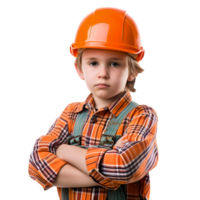 ai generado niño construcción trabajador con cruzado brazos en transparente antecedentes. generativo ai png