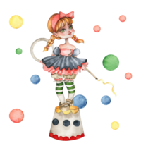 Composition of circus girl-gnome acrobat in vintage style. png