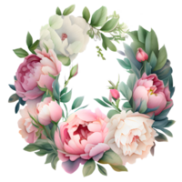 AI generated Watercolor peony flowers composition. Illustration of a blooming flower garden in pastel dusty rose colors. png