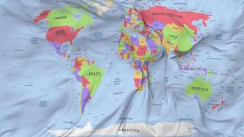 mundo mapa con todas países nombre sin costura bucle fondo, serpenteado paño ondulación lento movimiento, 3d representación video