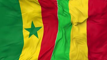 Senegal en Mali vlaggen samen naadloos looping achtergrond, lusvormige kleding golvend langzaam beweging, 3d renderen video