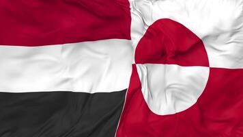 Yemen and Greenland Flags Together Seamless Looping Background, Looped Cloth Waving Slow Motion, 3D Rendering video