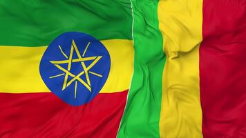 Ethiopië en Mali vlaggen samen naadloos looping achtergrond, lusvormige kleding golvend langzaam beweging, 3d renderen video