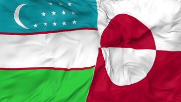 uzbequistão e Groenlândia bandeiras juntos desatado looping fundo, em loop pano acenando lento movimento, 3d Renderização video