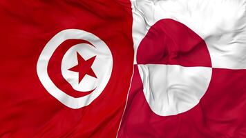 Tunísia e Groenlândia bandeiras juntos desatado looping fundo, em loop pano acenando lento movimento, 3d Renderização video