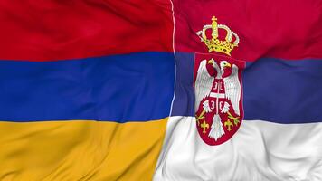 Armênia e Sérvia bandeiras juntos desatado looping fundo, em loop colisão textura pano acenando lento movimento, 3d Renderização video