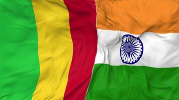 Indië en Mali vlaggen samen naadloos looping achtergrond, lusvormige kleding golvend langzaam beweging, 3d renderen video