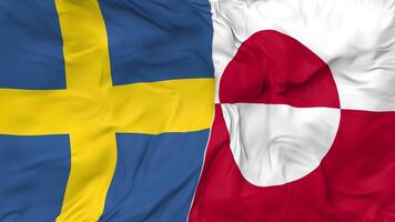 Zweden en Groenland vlaggen samen naadloos looping achtergrond, lusvormige kleding golvend langzaam beweging, 3d renderen video