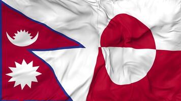 Nepal und Grönland Flaggen zusammen nahtlos Schleifen Hintergrund, geloopt Stoff winken schleppend Bewegung, 3d Rendern video