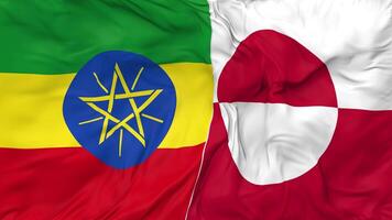 Ethiopia and Greenland Flags Together Seamless Looping Background, Looped Cloth Waving Slow Motion, 3D Rendering video