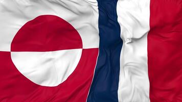 Francia y Groenlandia banderas juntos sin costura bucle fondo, serpenteado paño ondulación lento movimiento, 3d representación video