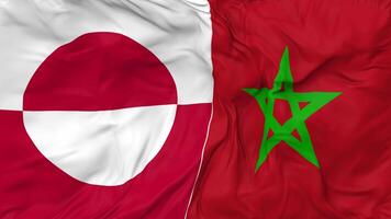 Marokko en Groenland vlaggen samen naadloos looping achtergrond, lusvormige kleding golvend langzaam beweging, 3d renderen video