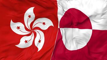 Hong Kong and Greenland Flags Together Seamless Looping Background, Looped Cloth Waving Slow Motion, 3D Rendering video