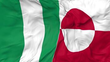 Nigeria en Groenland vlaggen samen naadloos looping achtergrond, lusvormige kleding golvend langzaam beweging, 3d renderen video