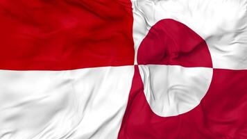 Indonesia and Greenland Flags Together Seamless Looping Background, Looped Cloth Waving Slow Motion, 3D Rendering video