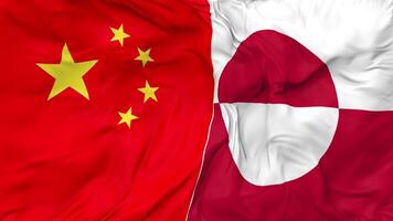 China and Greenland Flags Together Seamless Looping Background, Looped Cloth Waving Slow Motion, 3D Rendering video