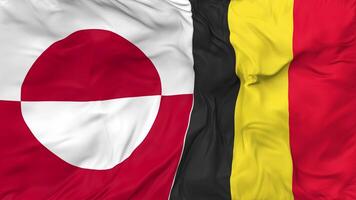 Bélgica e Groenlândia bandeiras juntos desatado looping fundo, em loop pano acenando lento movimento, 3d Renderização video