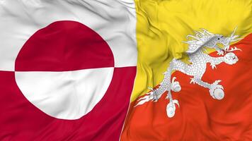 Bhutan und Grönland Flaggen zusammen nahtlos Schleifen Hintergrund, geloopt Stoff winken schleppend Bewegung, 3d Rendern video