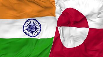 Índia e Groenlândia bandeiras juntos desatado looping fundo, em loop pano acenando lento movimento, 3d Renderização video
