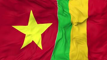 Vietnam en Mali vlaggen samen naadloos looping achtergrond, lusvormige kleding golvend langzaam beweging, 3d renderen video