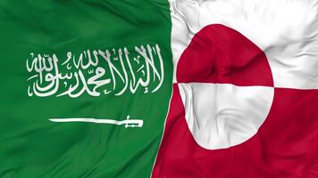 KSA, Kingdom of Saudi Arabia and Greenland Flags Together Seamless Looping Background, Looped Cloth Waving Slow Motion, 3D Rendering video