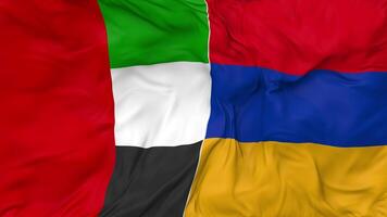 United Arab Emirates and Armenia Flags Together Seamless Looping Background, Looped Bump Texture Cloth Waving Slow Motion, 3D Rendering video