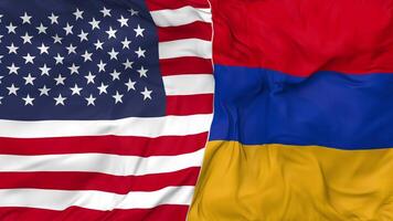 Unidos estados e Armênia bandeiras juntos desatado looping fundo, em loop colisão textura pano acenando lento movimento, 3d Renderização video