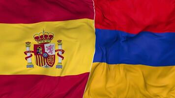 Spain and Armenia Flags Together Seamless Looping Background, Looped Bump Texture Cloth Waving Slow Motion, 3D Rendering video