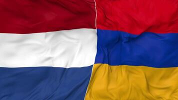 Países Bajos y Armenia banderas juntos sin costura bucle fondo, serpenteado bache textura paño ondulación lento movimiento, 3d representación video