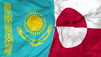 Kazakhstan and Greenland Flags Together Seamless Looping Background, Looped Cloth Waving Slow Motion, 3D Rendering video