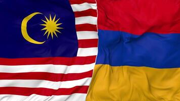 Malasia y Armenia banderas juntos sin costura bucle fondo, serpenteado bache textura paño ondulación lento movimiento, 3d representación video